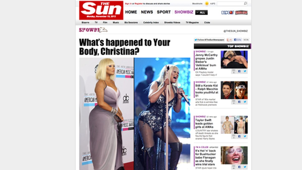 Vad hände med din kropp, Christina? Frågan ställer sig tidningen The Sun. Faksimil från The Sun. 